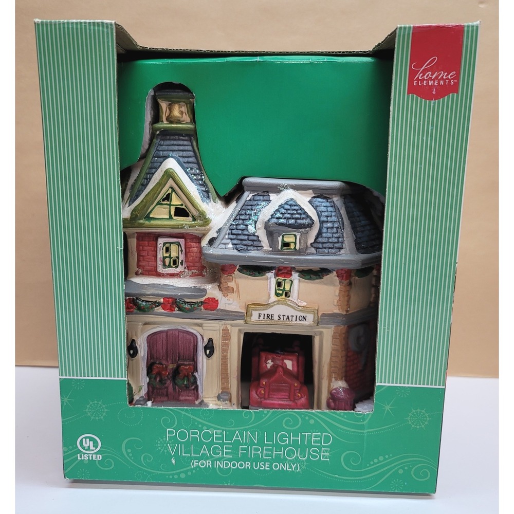 Home Elements Porcelain Lighted Village Firehouse/Station Christmas Decor